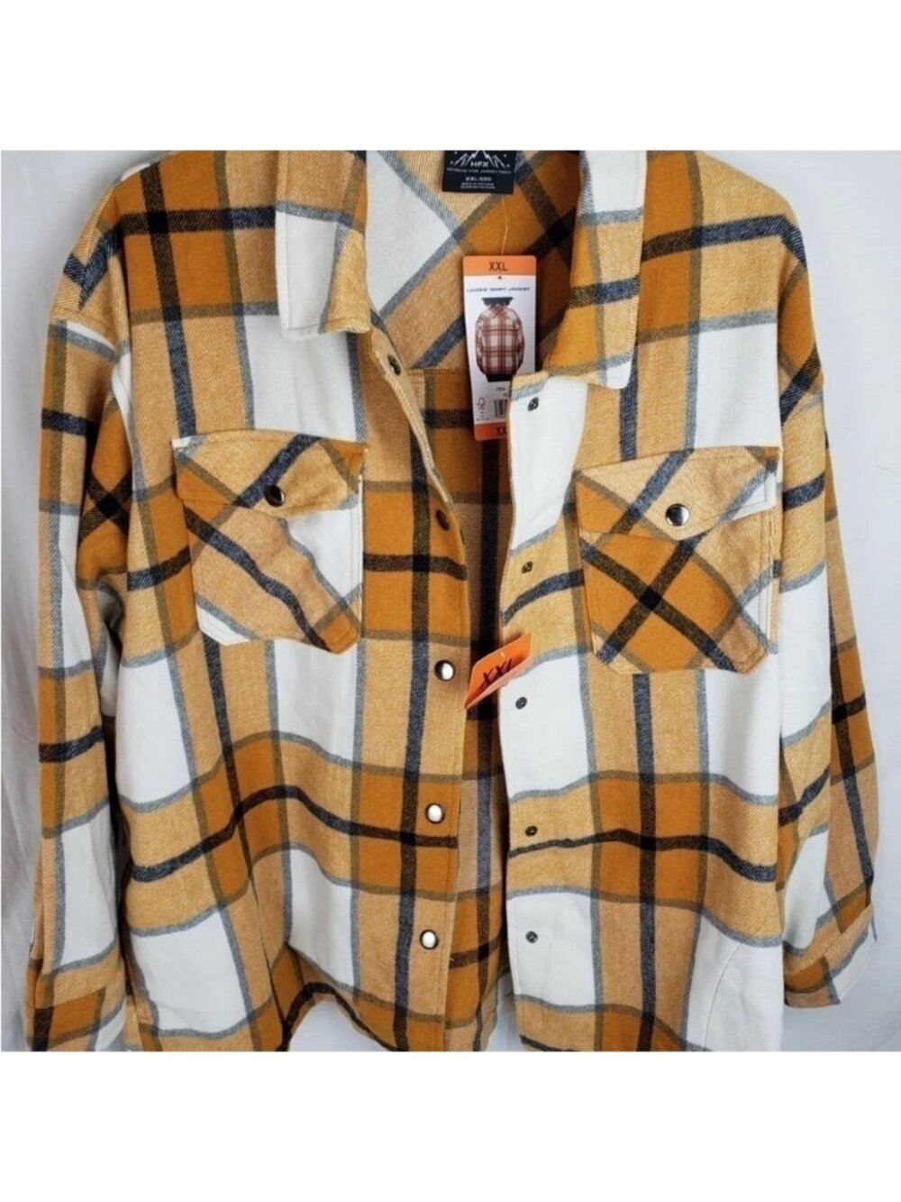 HFX Yellow and Navy Plaid Long Sleeve Shacket Sz Small.